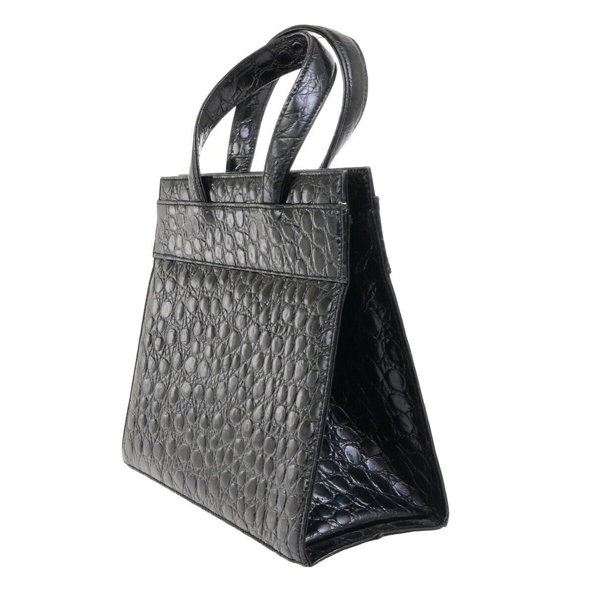 SALVATORE FERRAGAMO Logo Vara Hand Bag Embossing Leather Black Gold 32FA281