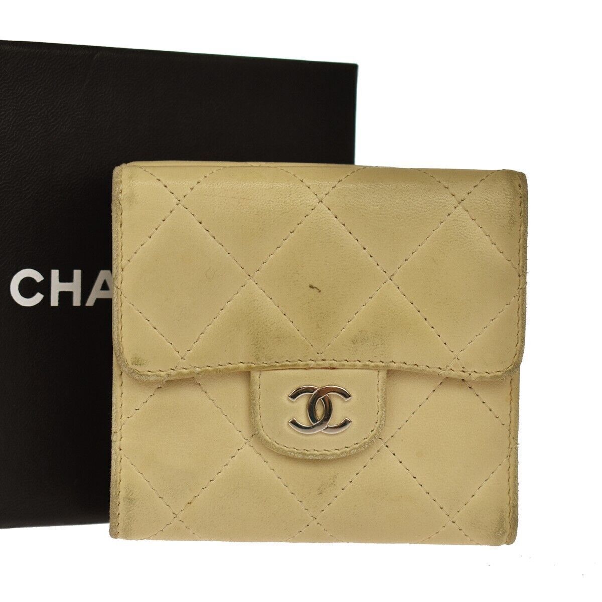 CHANEL CC Logo Matelasse Trifold Wallet Purse Leather Beige SHW France 05GA189
