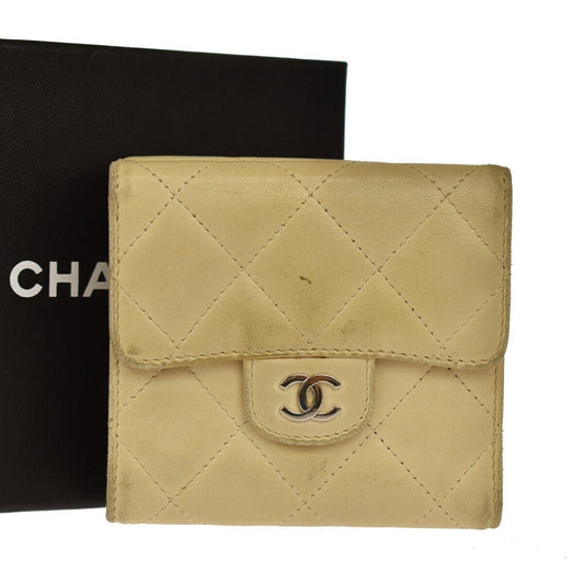 CHANEL CC Logo Matelasse Trifold Wallet Purse Leather Beige SHW France 05GA189