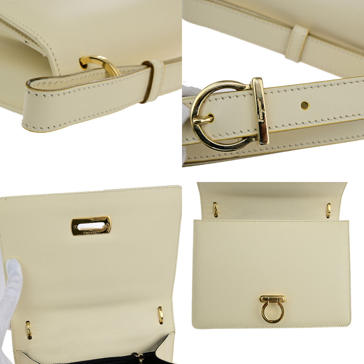 SALVATORE FERRAGAMO Logo Gancini Shoulder Bag Leather Ivory Gold 30SJ116