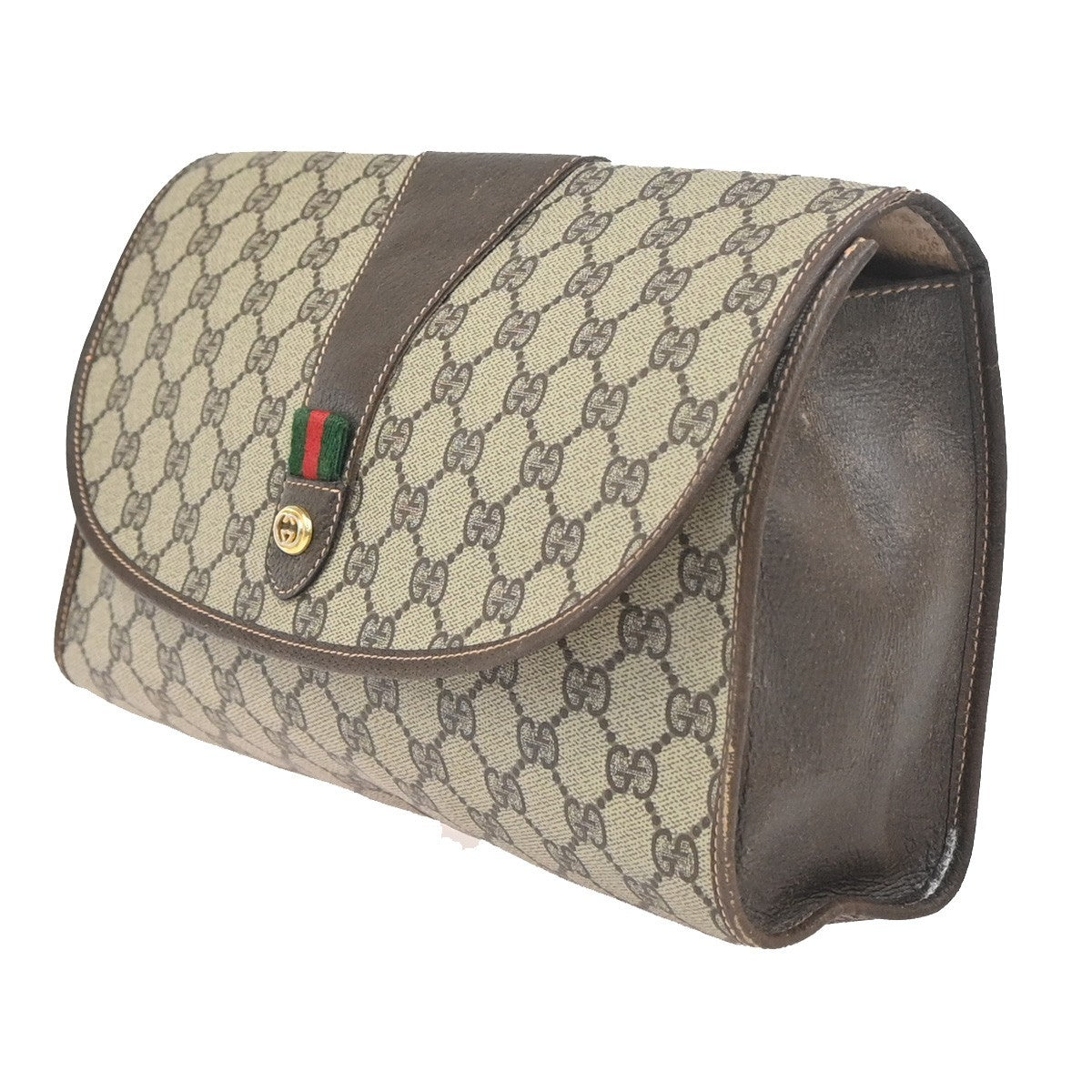 GUCCI GG Web Sherry Line Clutch Bag PVC Leather Beige Brown Italy 09ZA321