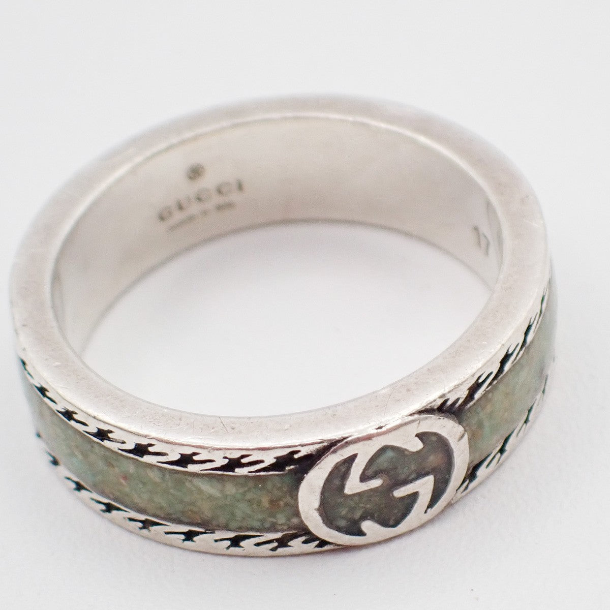 GUCCI Interlocking G Ring Size JP 17 US 8.5 Ag 925 Green Silver Italy 63KP565