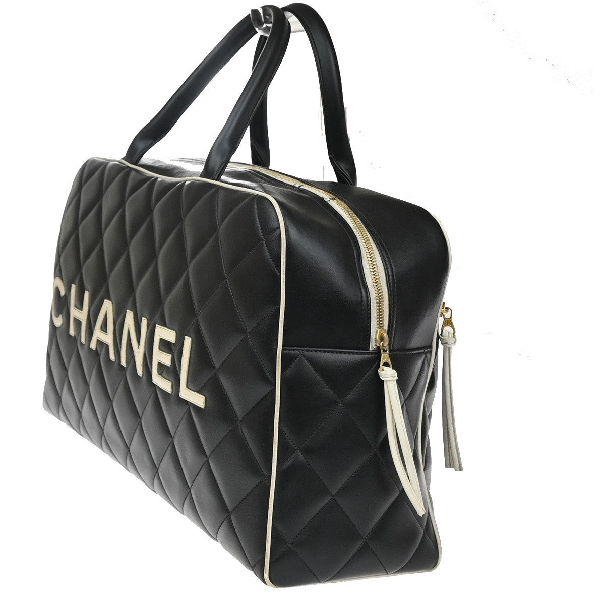 CHANEL Logo Matelasse Travel Boston Hand Bag Leather Black France 338RQ053