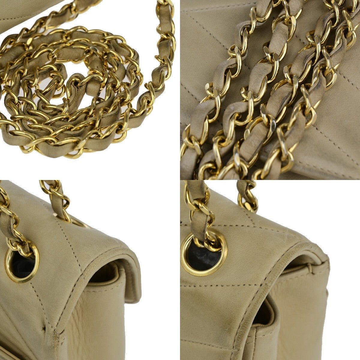 CHANEL CC Logo Bias Stitch Chain Shoulder Bag Leather Beige GHW France 617RK443