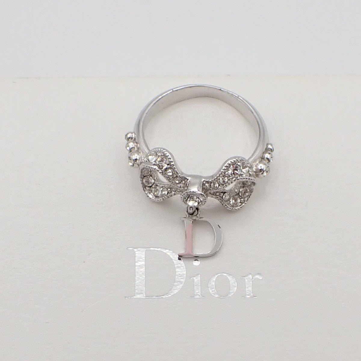 Dior Logo Rhinestone Bow Ring Silver Plated Accessory 09EF811