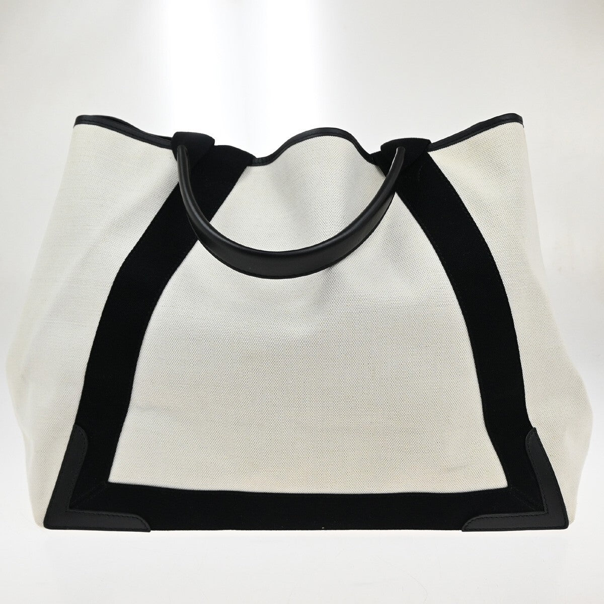BALENCIAGA Navy Cabas M Shoulder Hand Bag Canvas Leather Ivory Black 73EF052