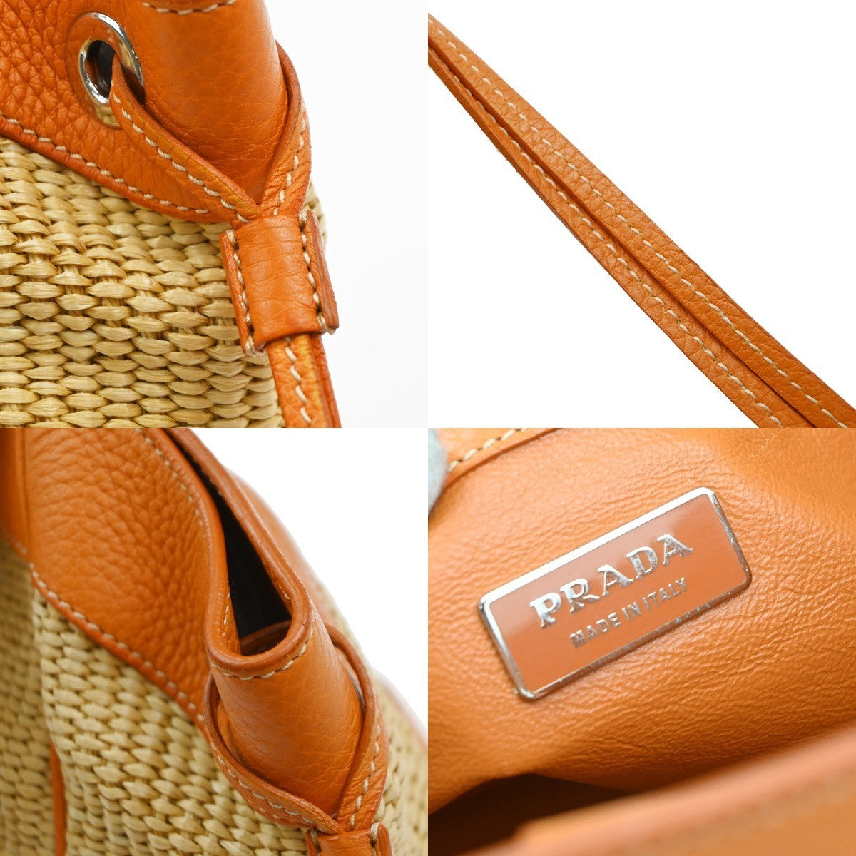 PRADA Logo Shoulder Bag Raffia Straw Leather Beige Orange SHW Italy 76YJ131