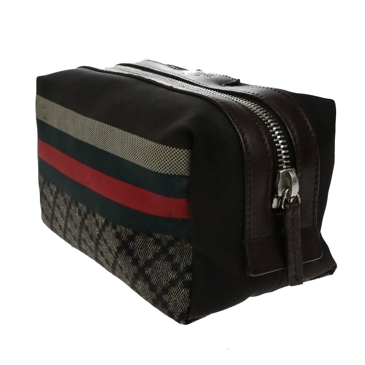 GUCCI Logo Diamante Sherry Pouch Bag Nylon Leather Brown SHW Italy 08ED673