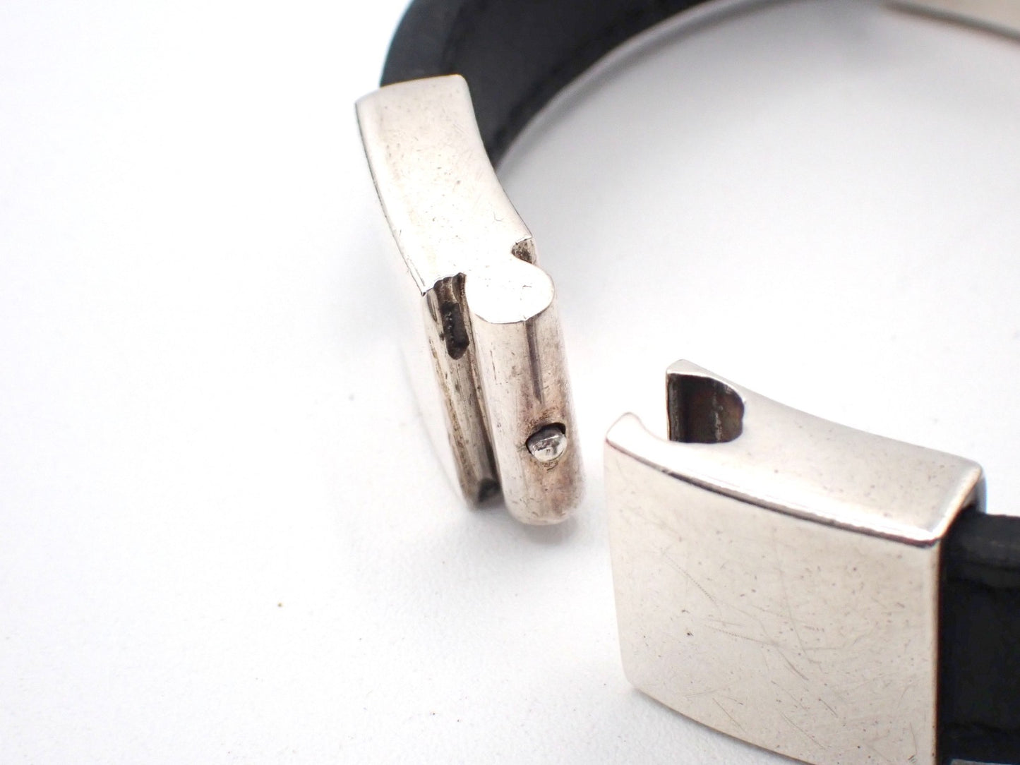 GUCCI Logo Bar Bracelet Bangle Leather Metal Black Silver925 Italy 01CA779