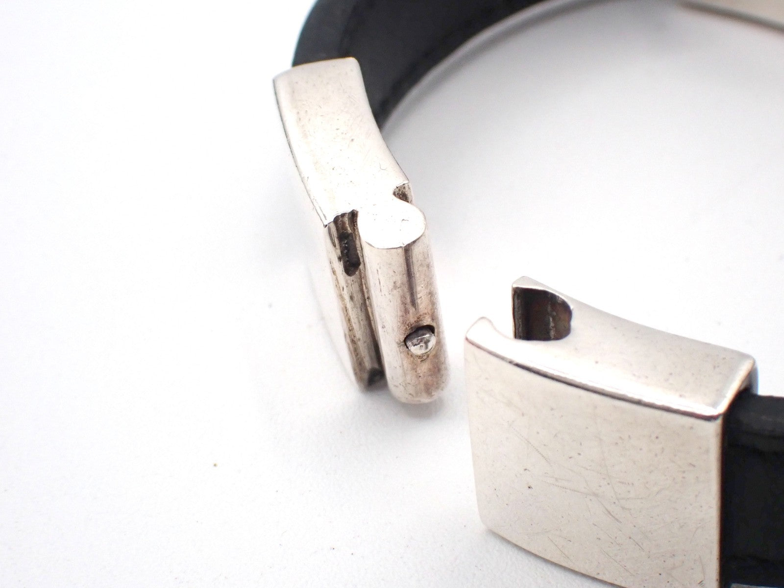 GUCCI Logo Bar Bracelet Bangle Leather Metal Black Silver925 Italy 01CA779