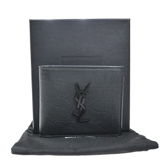 SAINT LAURENT YSL Logo Bifold Compact Wallet Embossing Leather BK Italy 84RL530