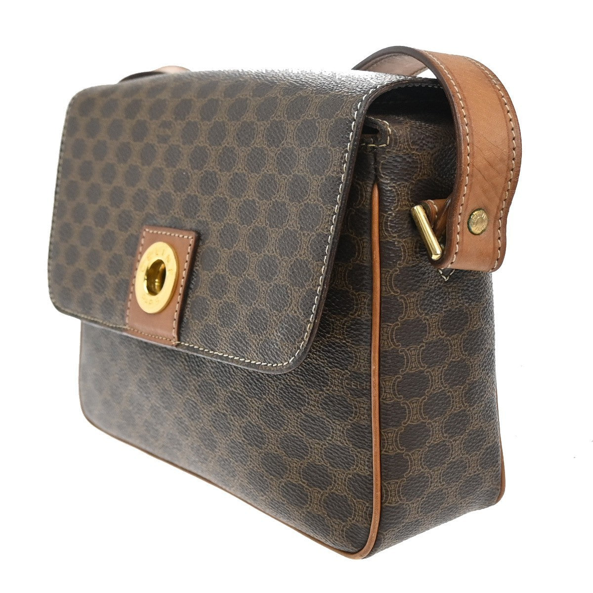 CELINE Logo Macadam Pattern Shoulder Bag PVC Leather Brown GHW Italy 38MA206