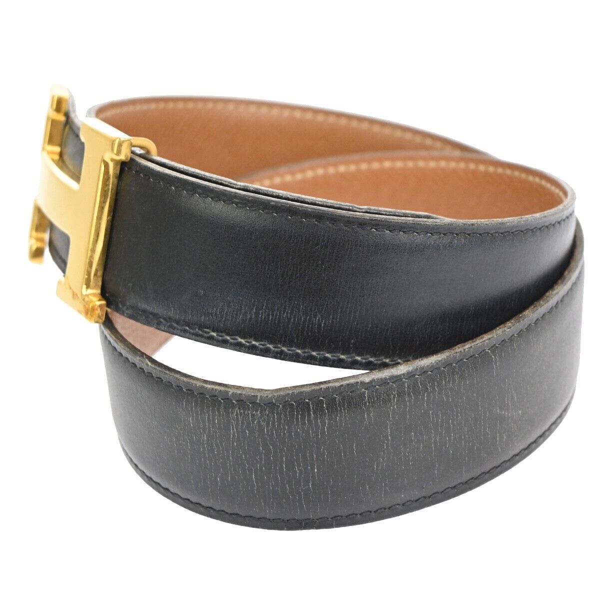 HERMES H Logo Constance Reversible Buckle Belt #68 Leather Black Gold 86YD916