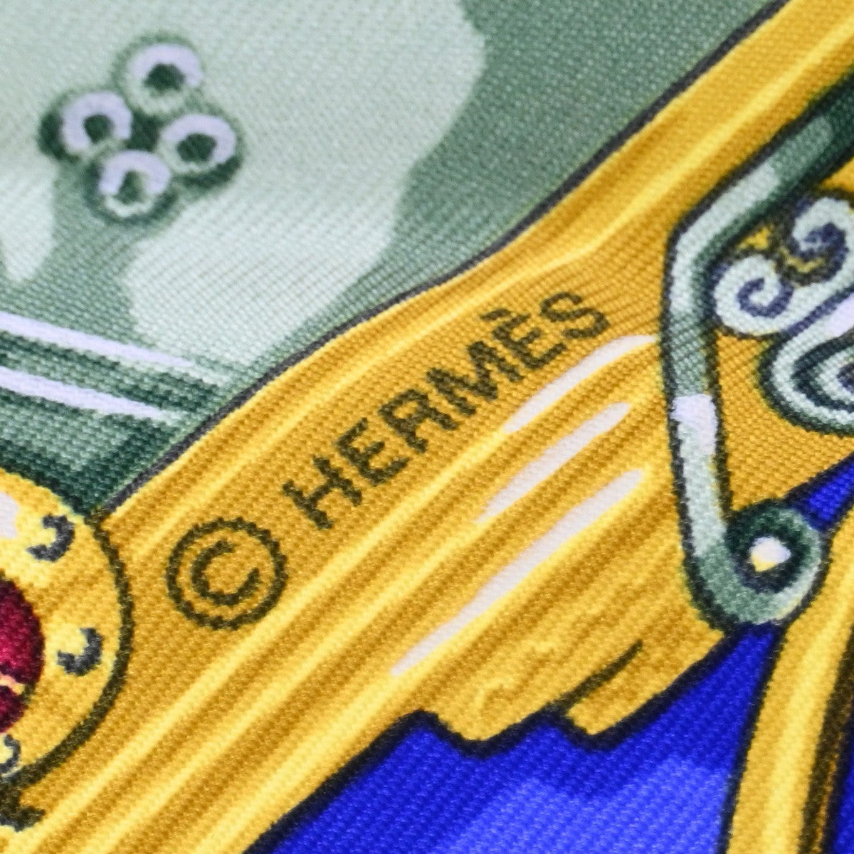 HERMES Logo Carre Scarf 90  " PARURES DES SABLES" 100% Silk Blue France 38YJ114