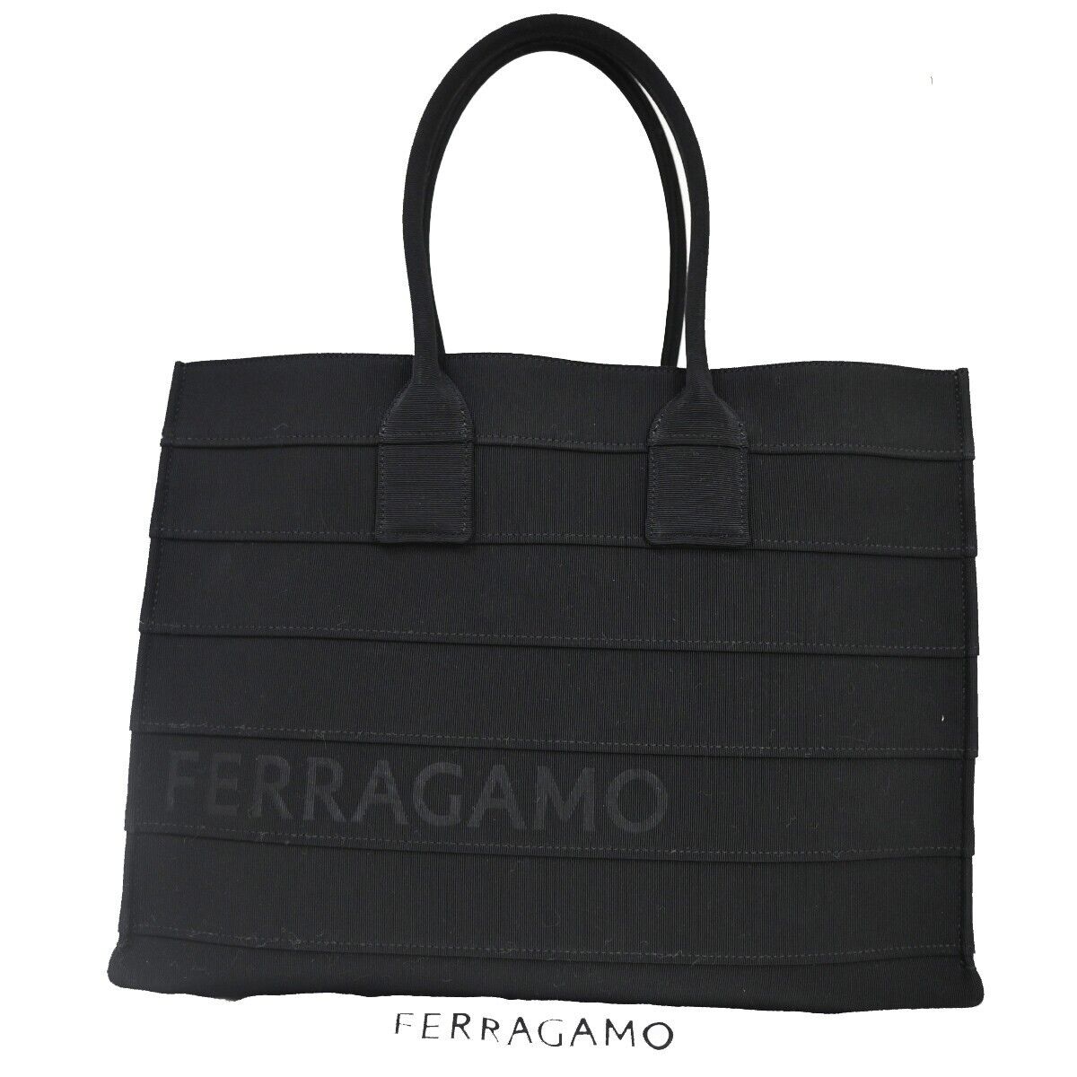 SALVATORE FERRAGAMO Signature Shoulder Tote Bag Canvas Leather Black GHW 57RJ307
