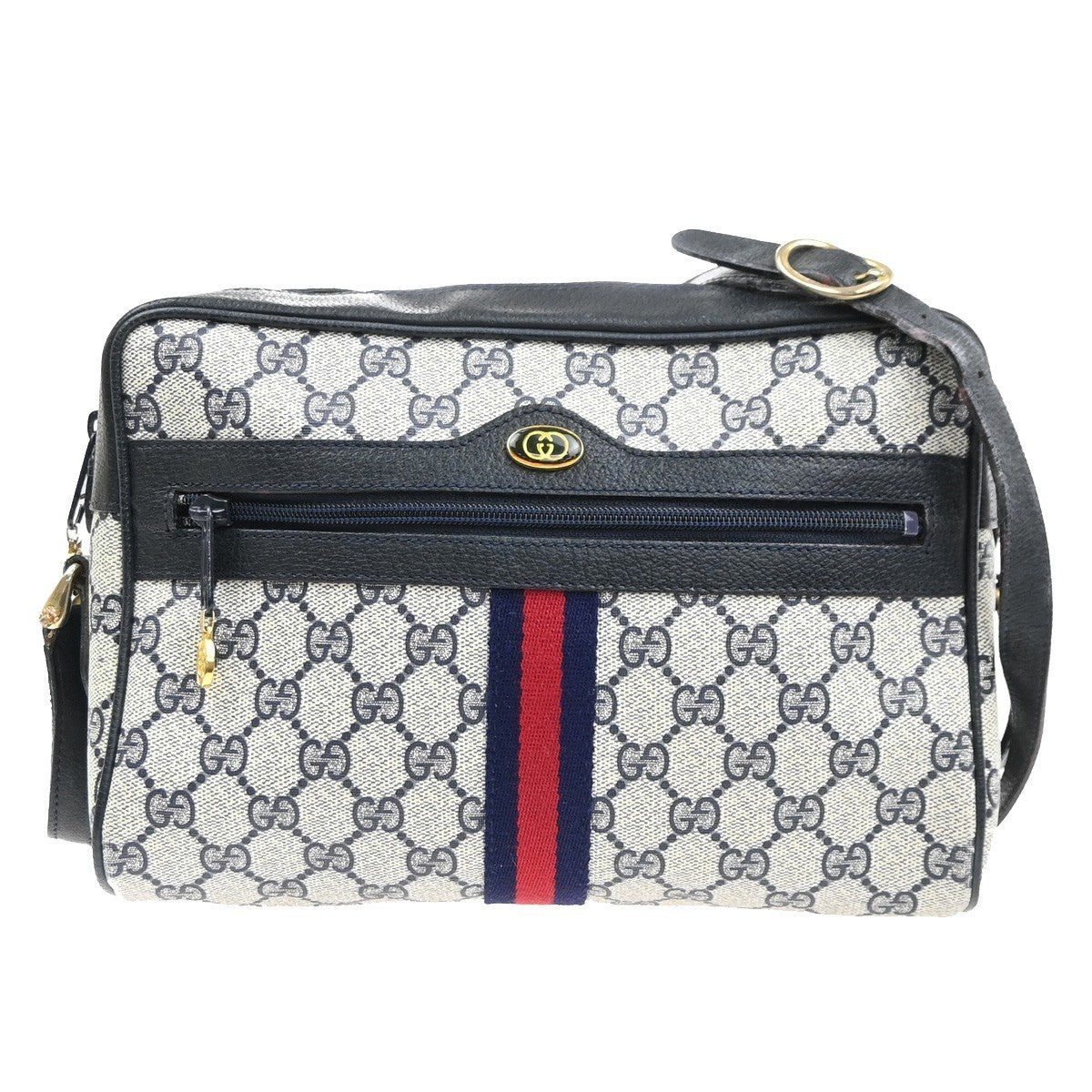 GUCCI Logo GG Sherry Line Shoulder Hand Bag PVC Leather Navy Blue Italy 69MA470