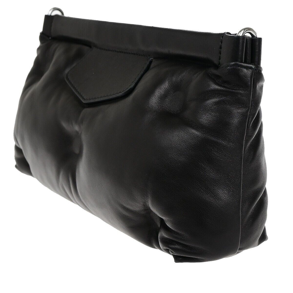 MAISON MARGIELA Logo Glam Slam Chain Clutch Hand Bag Leather Black Silve 40RF146