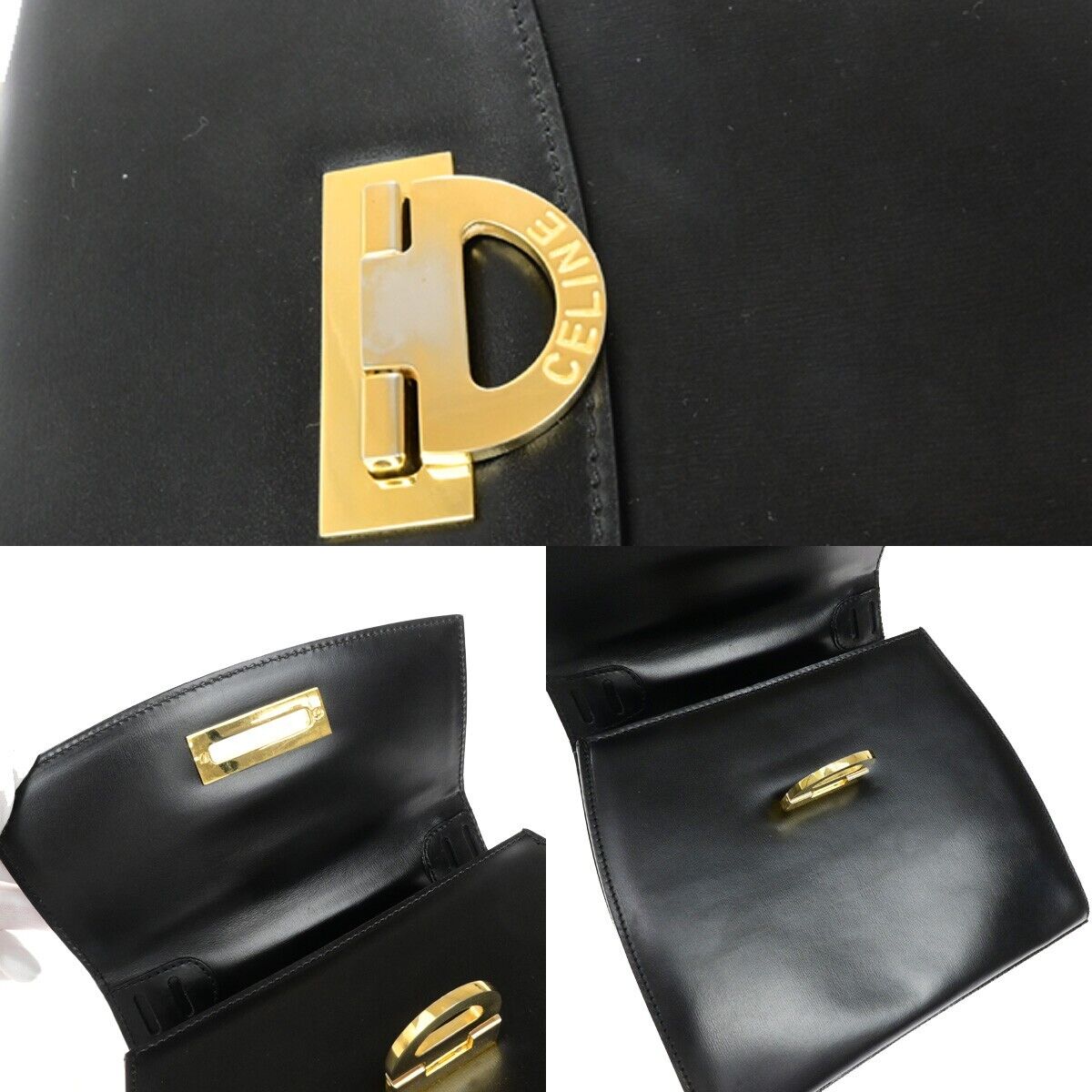 CELINE Logo Top Handle Hand Bag Leather Black Gold Made in Italy 80ED937