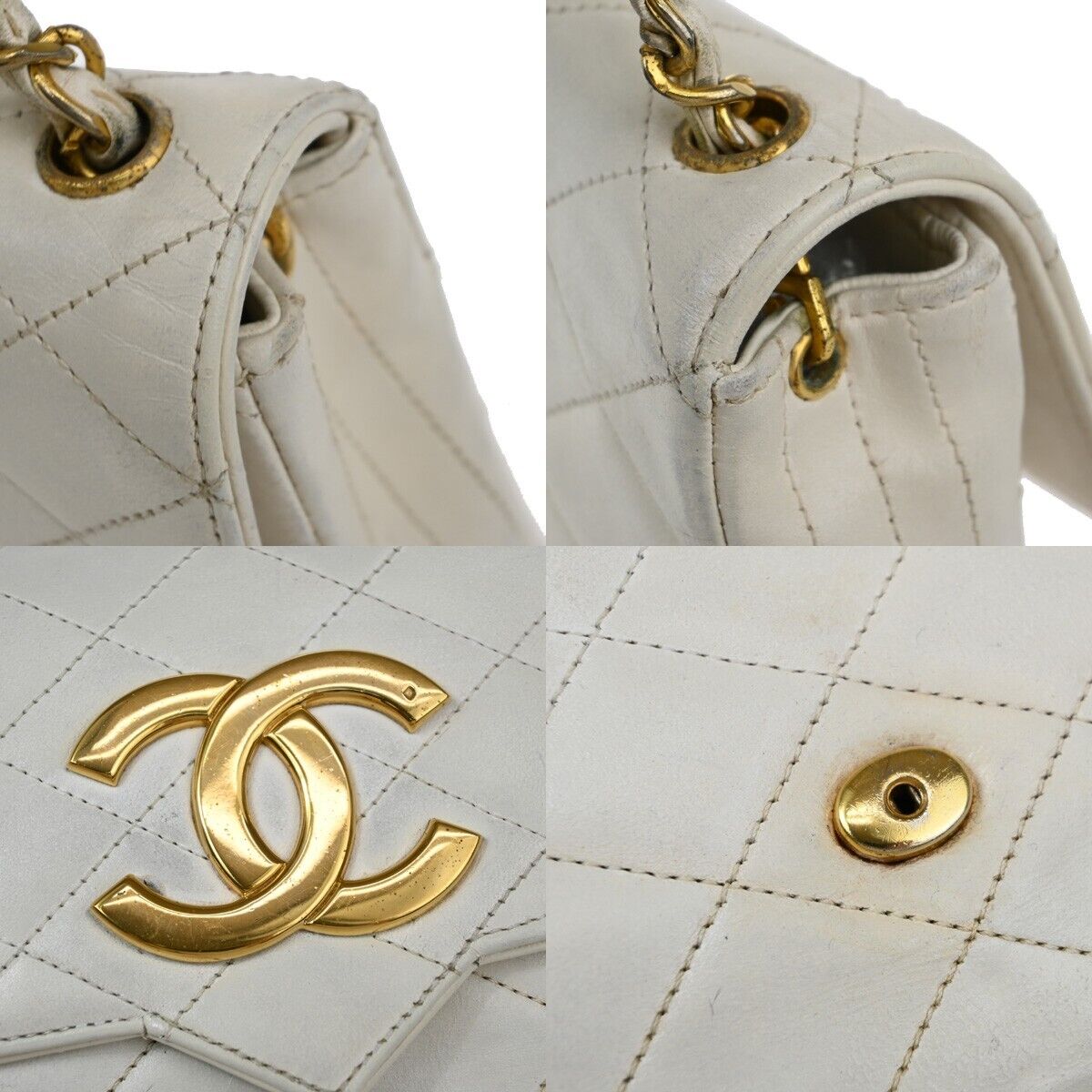 CHANEL CC Logo Matelasse Chain Shoulder Bag Leather White GHW Vintage 650RJ771