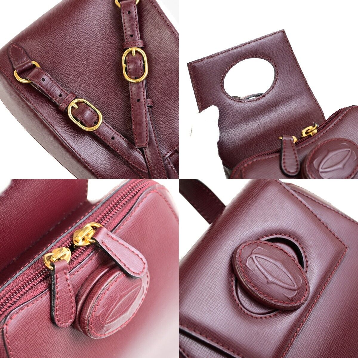 MUST DE CARTIER 2C Logo Back Pack  Leather Bordeaux Gold Made in France 35EA250