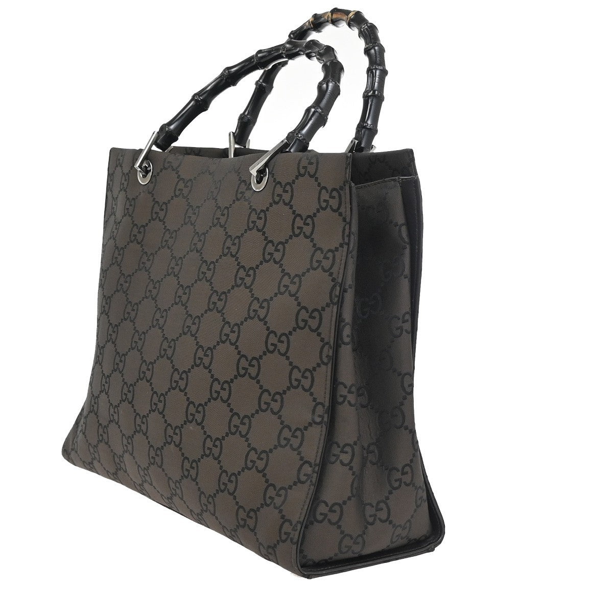 GUCCI Logo Bamboo GG Pattern Hand Bag Nylon Leather Brown SHW Italy 80KC947