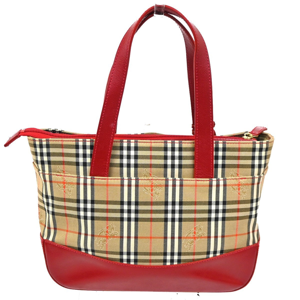 BURBERRY Nova Check Hand Bag Canvas Leather Beige Red GHW 62KC545