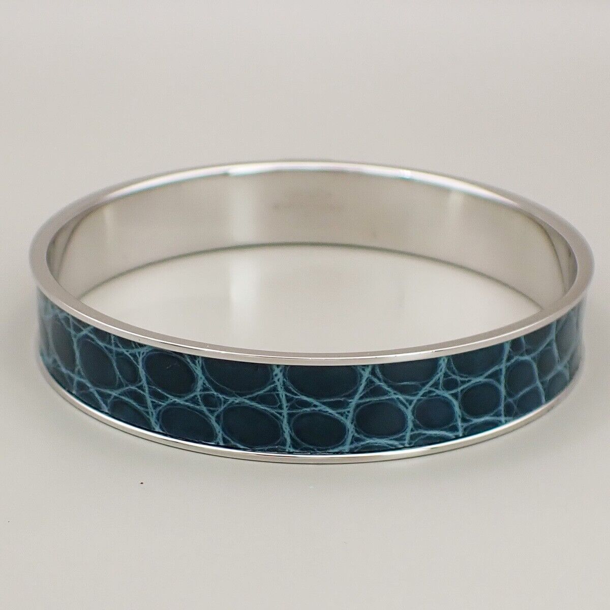 HERMES Logo Bangle Bracelet #S Exotic Leather Blue Silver 32KA475