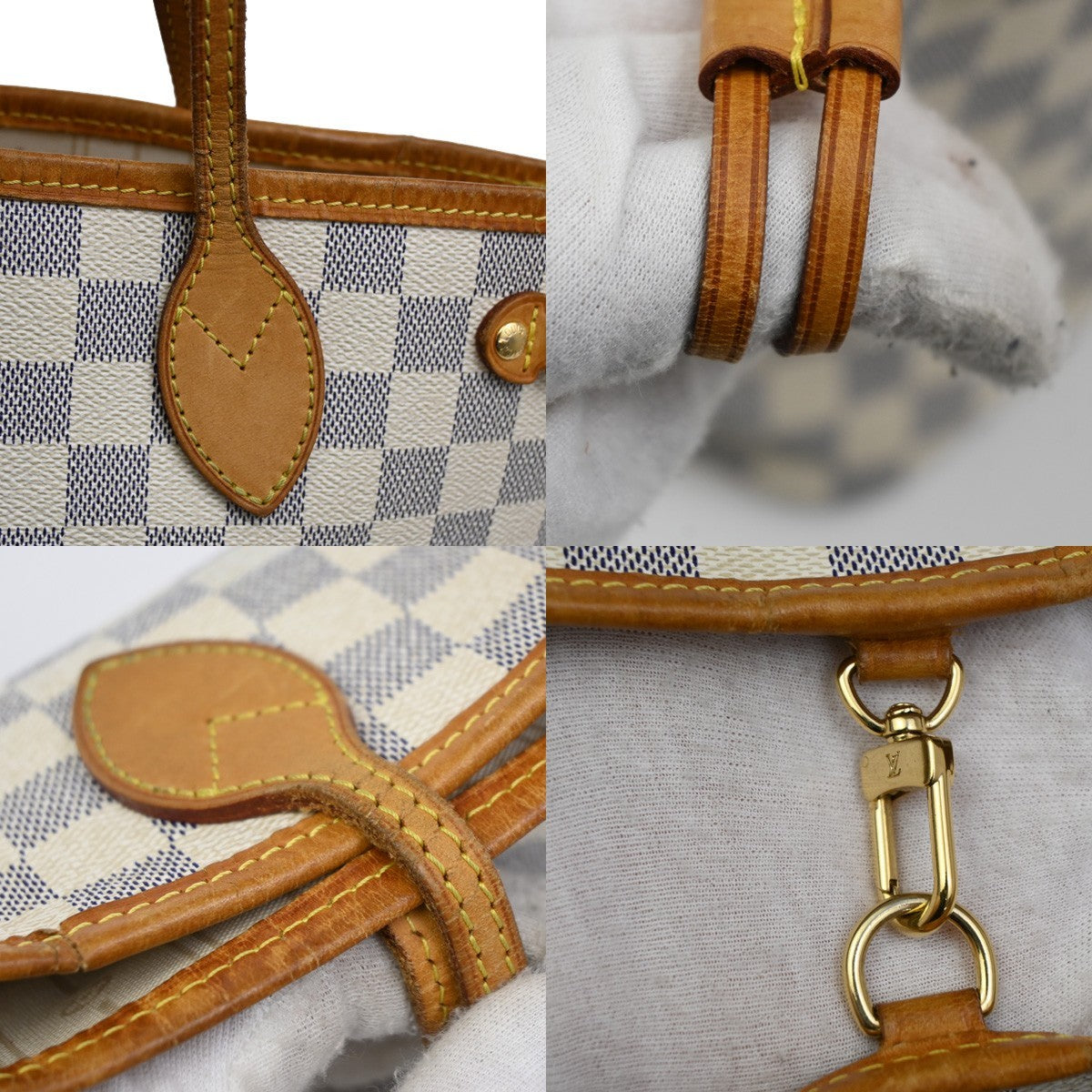 LOUIS VUITTON Neverfull PM Shoulder Tote Bag Damier Azur Leather N51110 74KB806