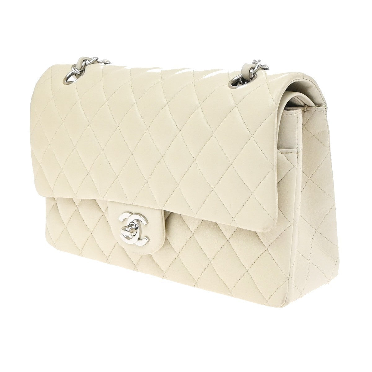 CHANEL CC Matelasse 25 Double Flap Chain Shoulder Bag Leather White SHW 700RP187