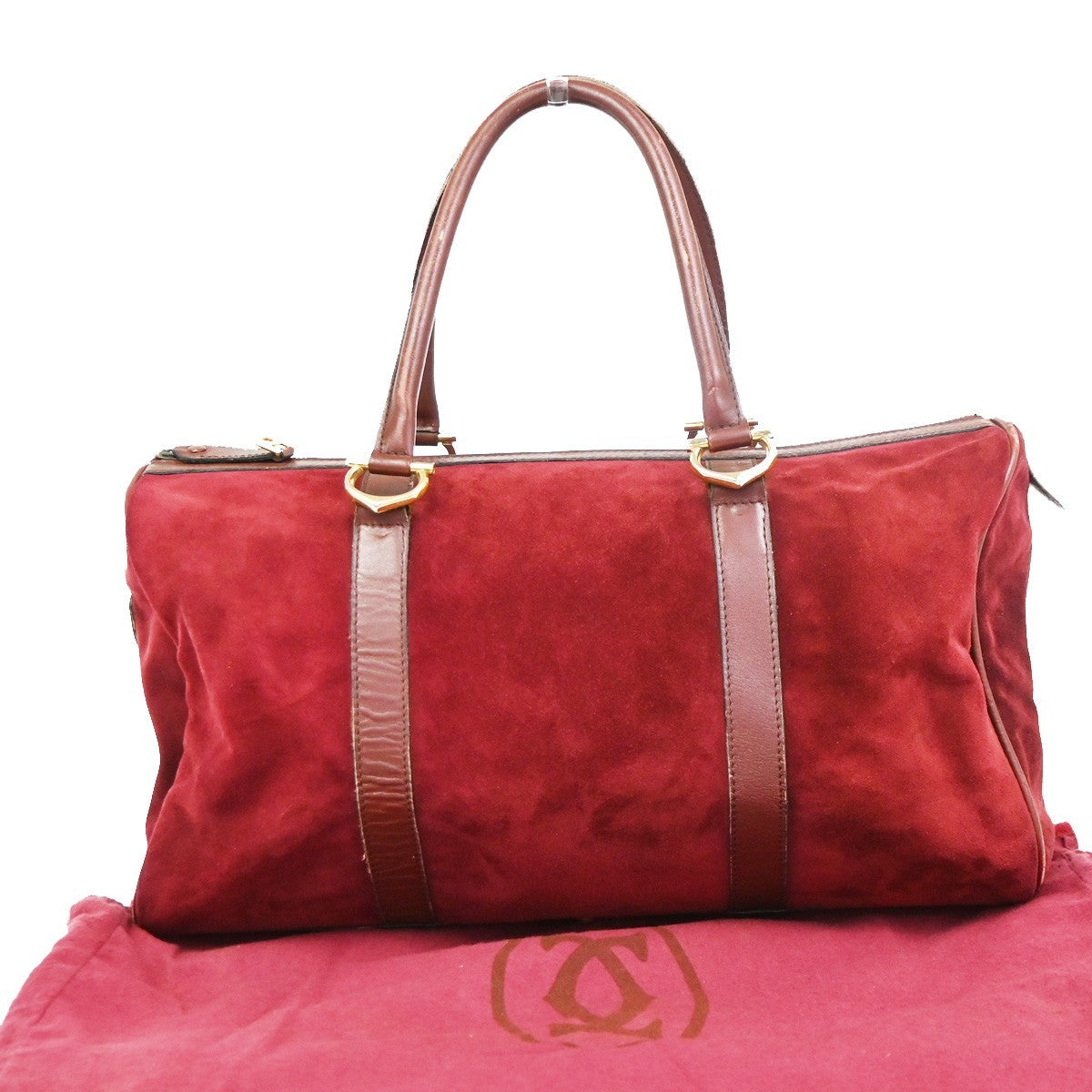 CARTIER Logo Boston Hand Bag Suede Leather Red Burgundy GHW 02CB004