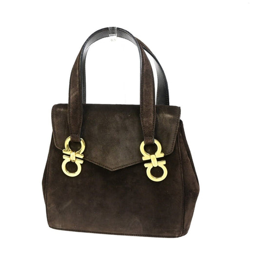 SALVATORE FERRAGAMO Logo Gancini Hand Bag Suede Leather Brown GHW Italy 04FA937
