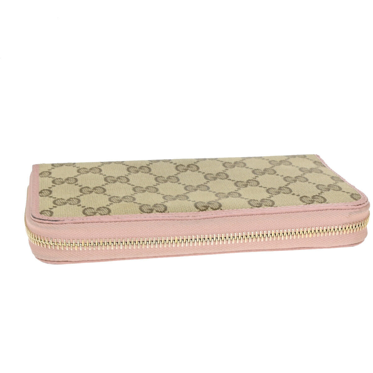 GUCCI GG Pattern Zip Aroung Long Wallet Purse Canvas Leather Brown Pink 69YF034