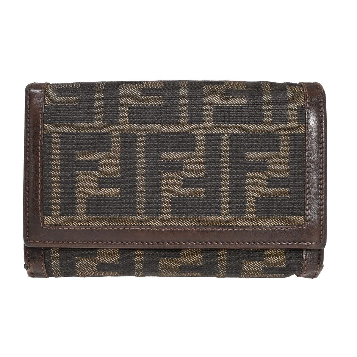 FENDI Logo Zucca Pattern Bifold Wallet Purse Canvas Leather Brown Italy 08HB292