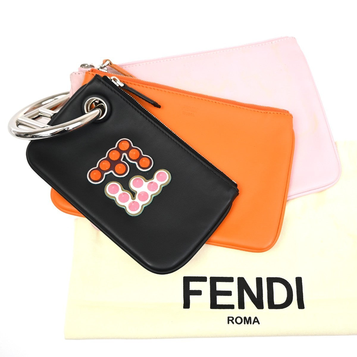 FENDI 3 Set Clutch Pouch Bag Leather Orange Pink Black SHW 34TA570