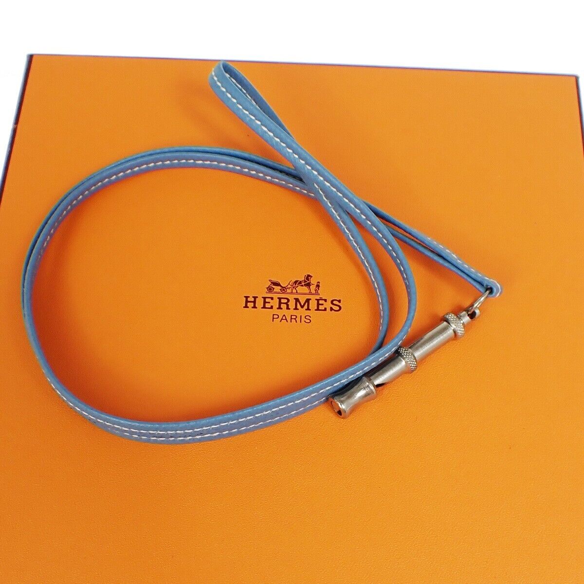 HERMES Logo Chiffre Dog Whistle Pendant Necklace Leather Blue Silver 04YG045