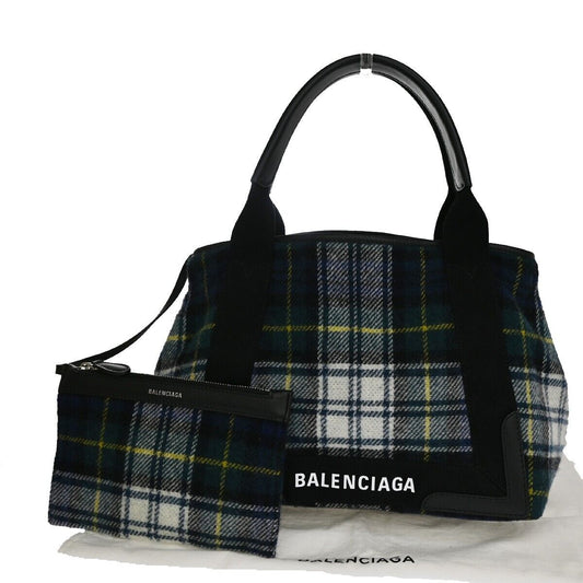 BALENCIAGA NAVY Cabas S Shoulder Tote Bag Check Pouch Wool Leather GN BK 75YC423