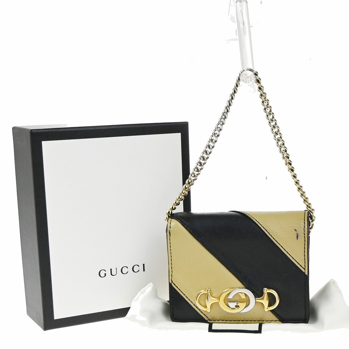 GUCCI GG Logo Zumi Chain Compact Wallet Leather Black Beige 60EG391
