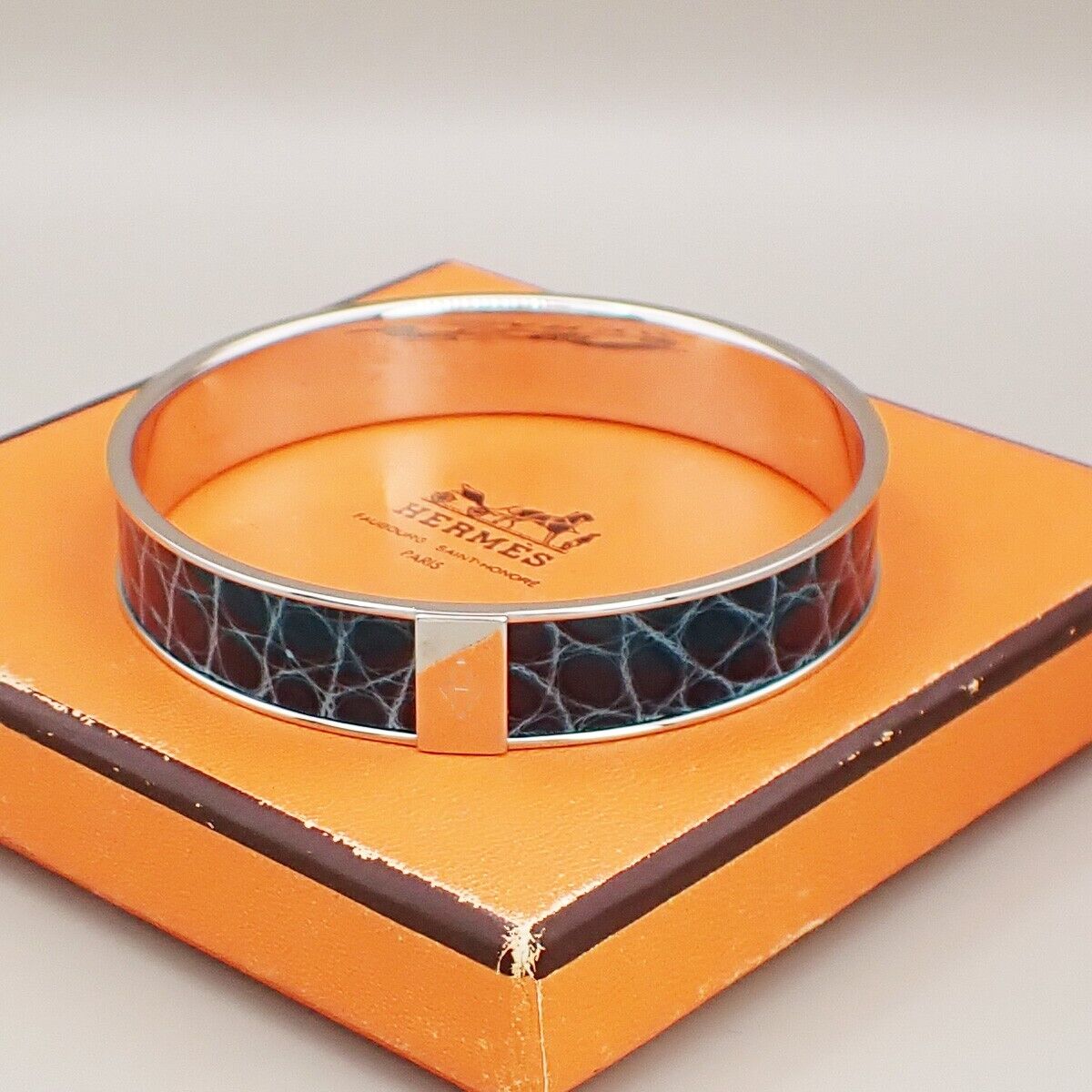 HERMES Logo Bangle Bracelet #S Exotic Leather Blue Silver 32KA475