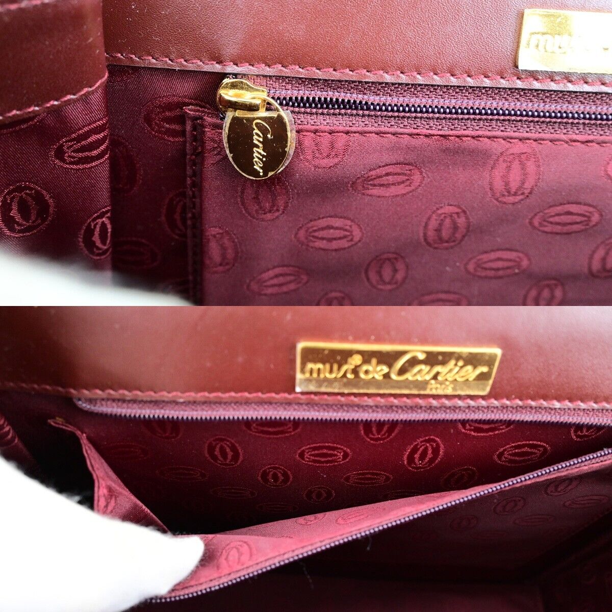 CARTIER 2C Logos Hand Bag Leather Burgundy Gold-Plated Made In Italy 76RK751