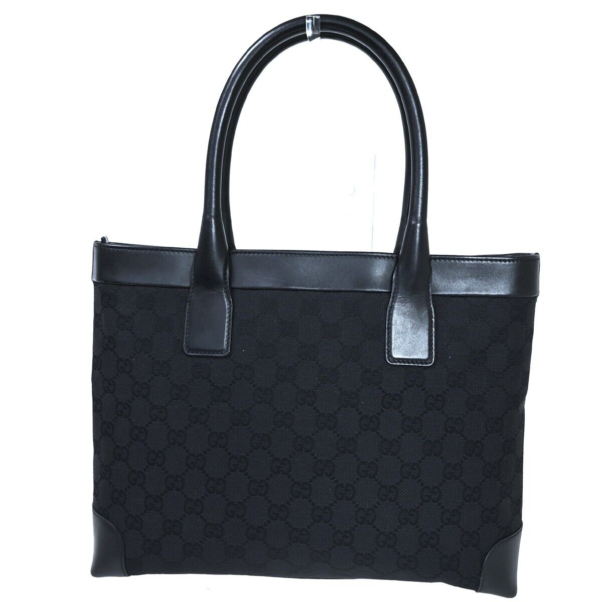 GUCCI Logo GG Pattern Shoulder Tote Bag Canvas Leather Black Silver 38SH187