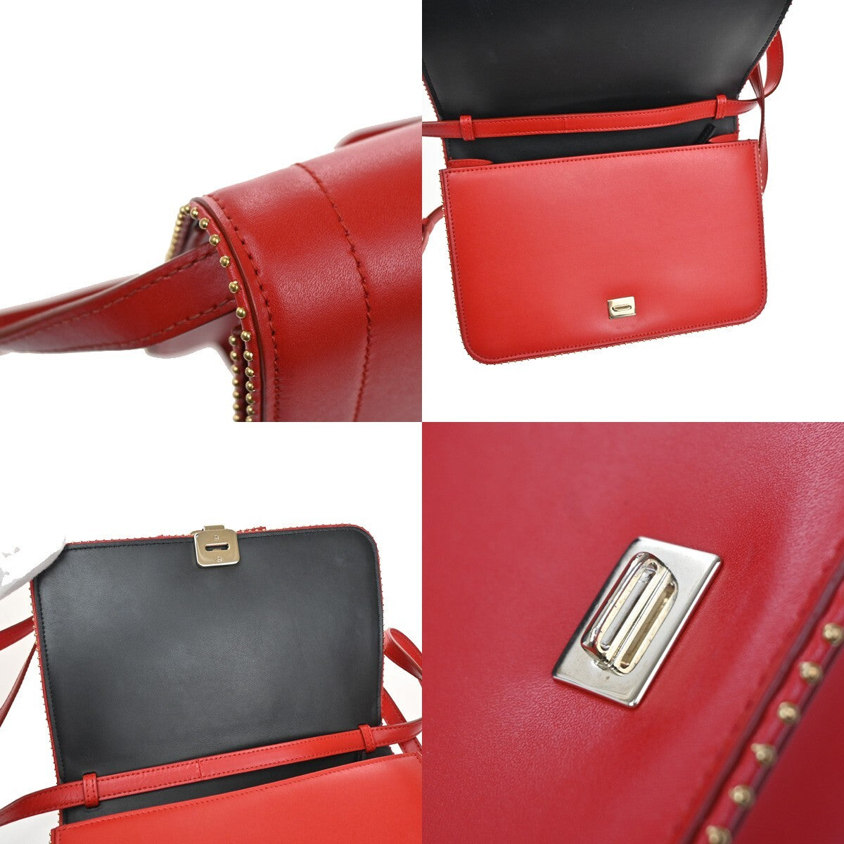 SALVATORE FERRAGAMO Vara Studs 2Way Shoulder Clutch Hand Bag Leather Red 88EE395