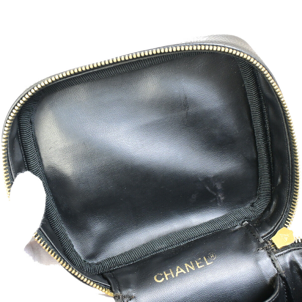 CHANEL CC Logo Vanity Hand Bag Caviar Skin Leather Black GHW Vintage 25RK294
