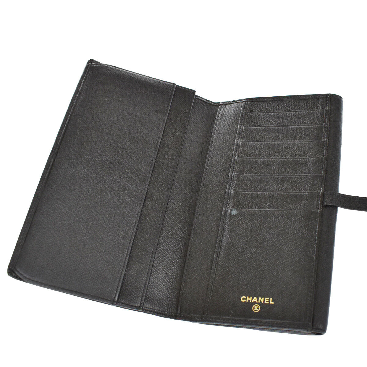 CHANEL CC Logo Long Bifold Wallet Purse Leather Black GHW France 60YC785