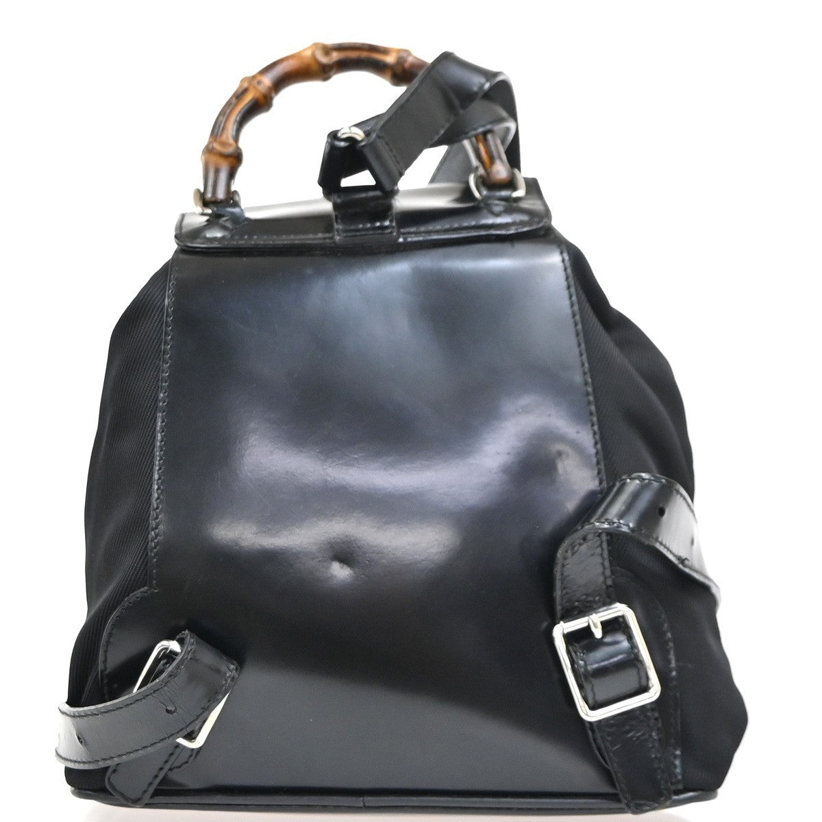 GUCCI Logo Bamboo Backpack Bag Leather Nylon Black Italy 04KP347