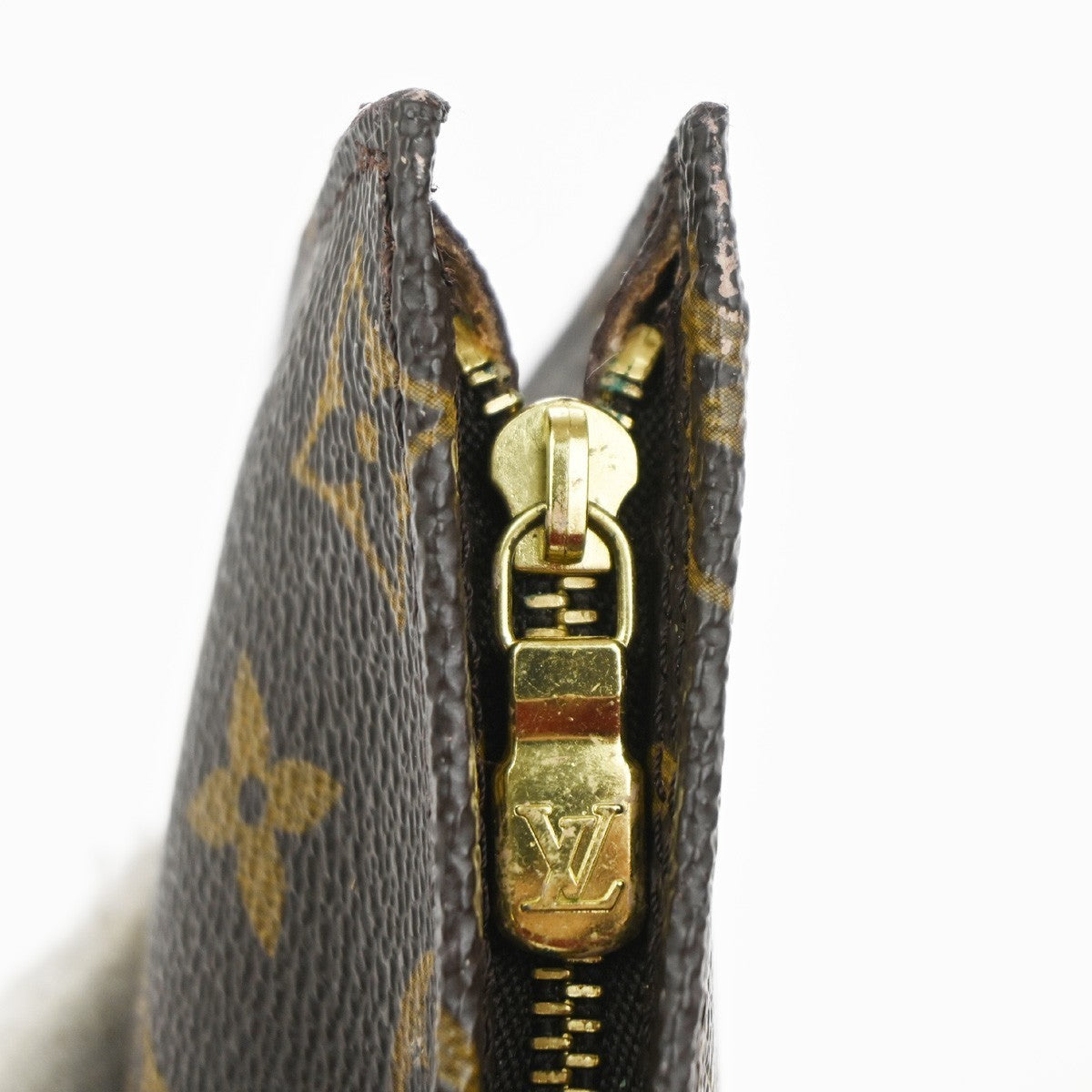 LOUIS VUITTON LV Logo Bucket GM Pouch Bag Monogram Leather Brown Gold 05MA328