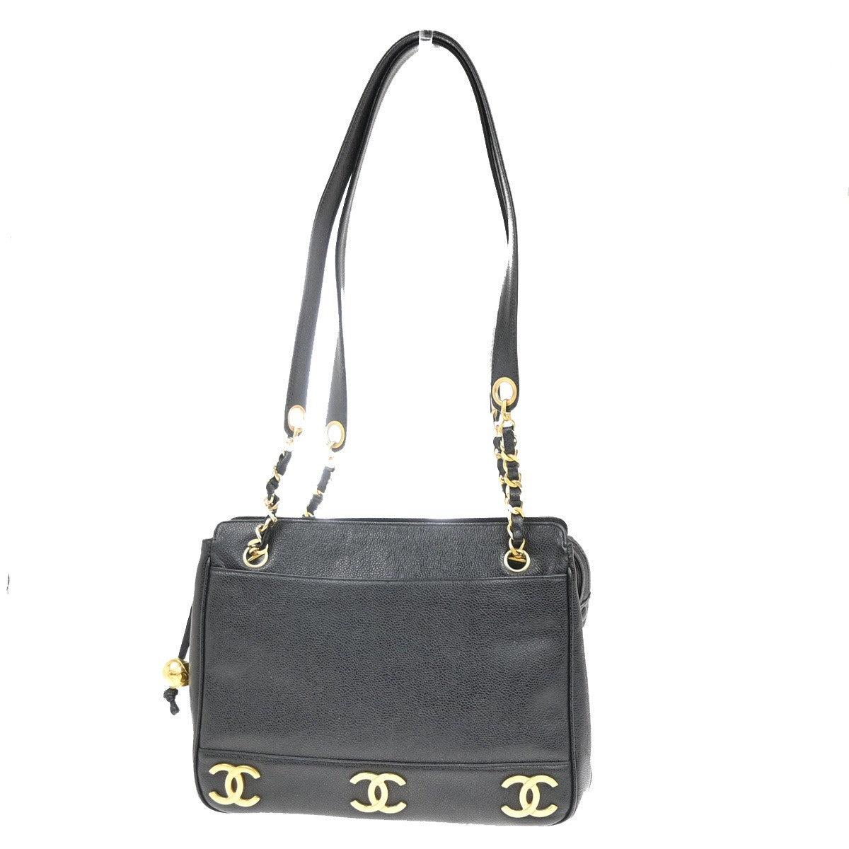 CHANEL Logo Shoulder Hand Bag Grained Calfskin Leather Black GHW Italy 373RL789