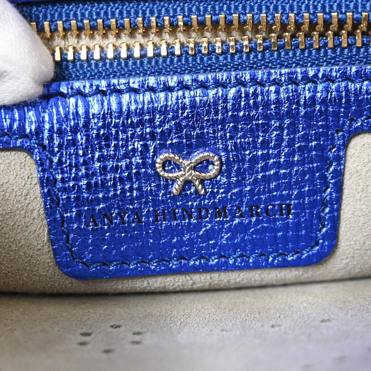 ANYA HINDMARCH Logo Smiley Wink Fringe Mini Clutch Hand Bag Leather Blue 02HB219