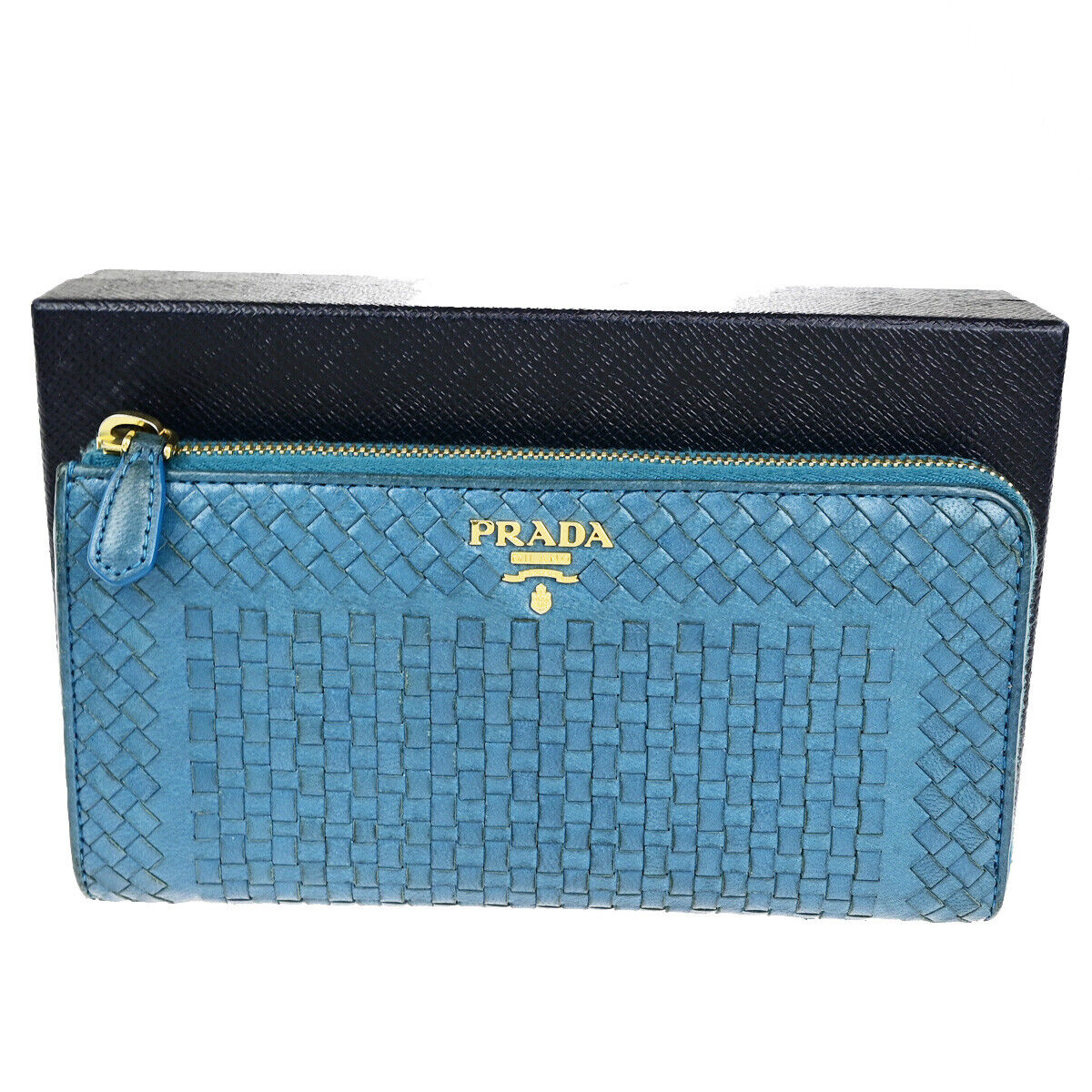 PRADA Logo Madras Long Zipper Long Wallet Pursr Blue GHW Voyage 09YG620