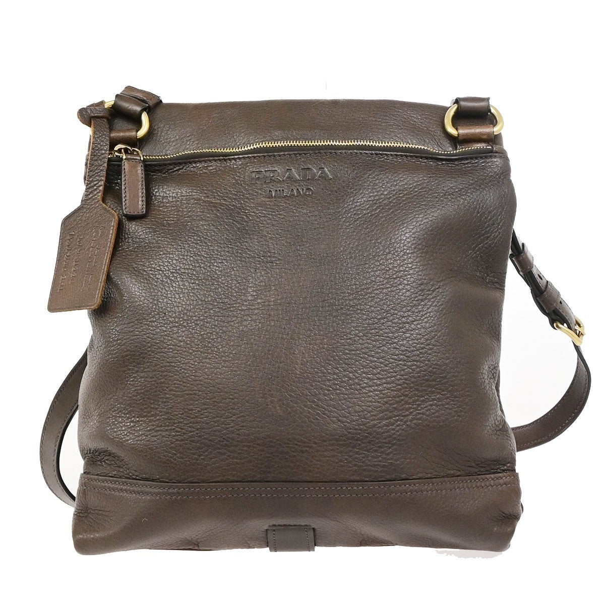 PRADA Logo Crossbody Messenger Shoulder Bag Leather Brown GHW Italy 87KD156