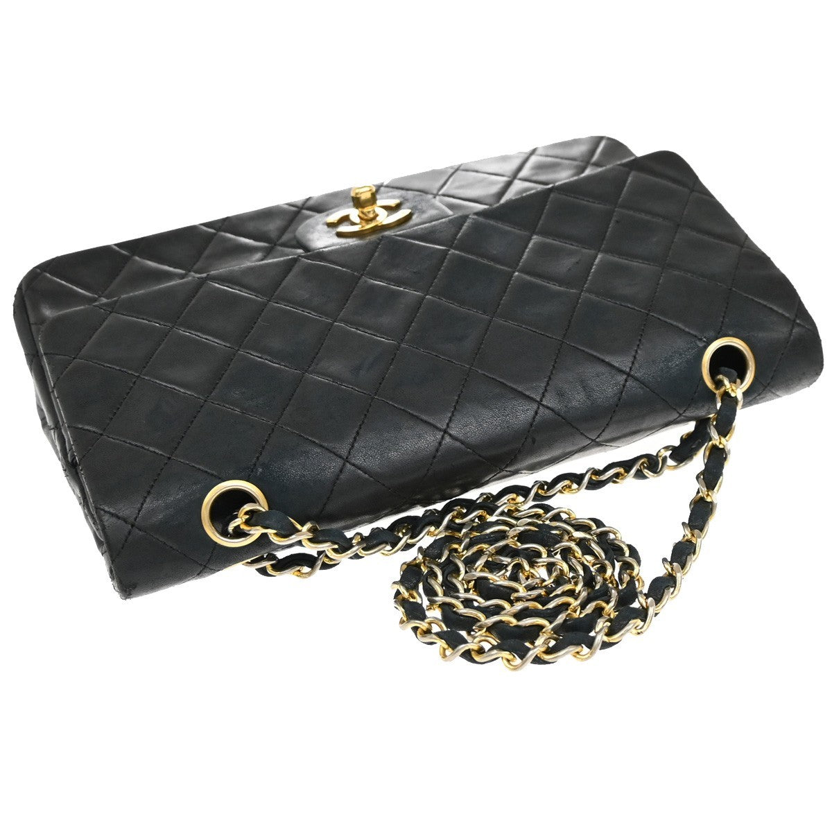 CHANEL Matelasse 25 Double Flap Chain Shoulder Bag Leather BK Vintage 330RF658